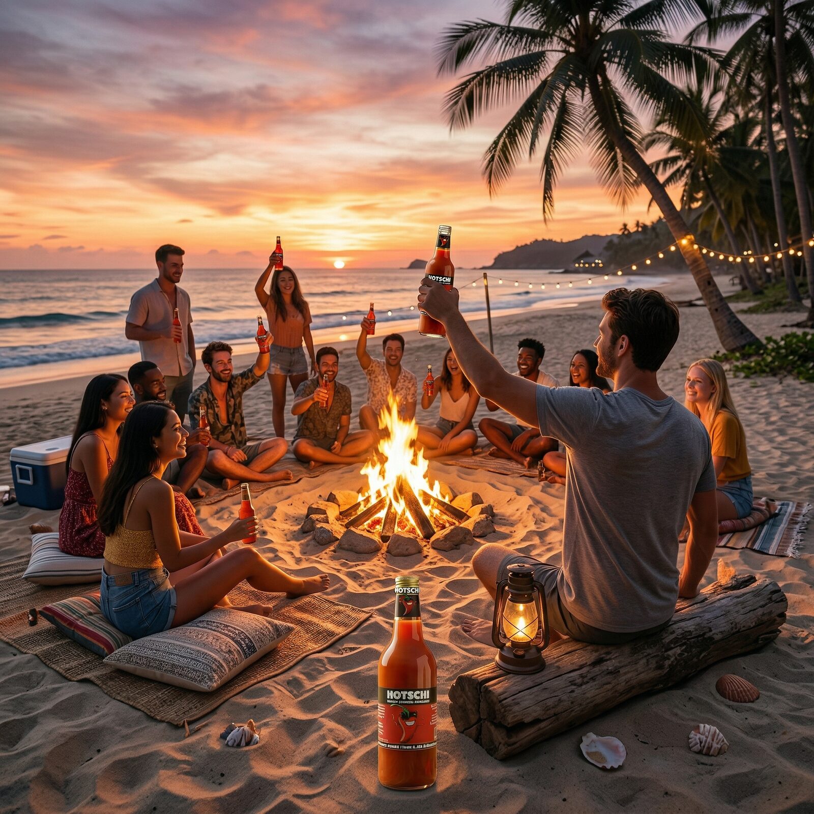 Freunde am Lagerfeuer am Strand mit HOTSCHI