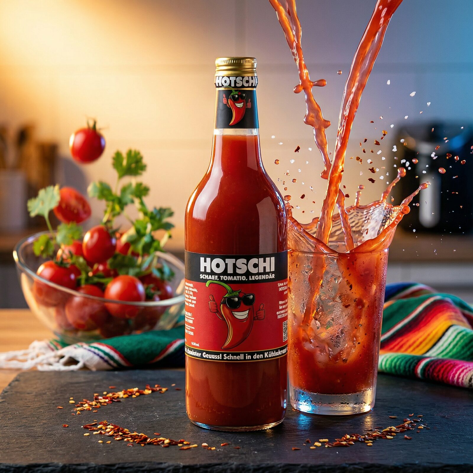 HOTSCHI Flasche mit Tomatensaft-Splash in Mexikanischer Küche