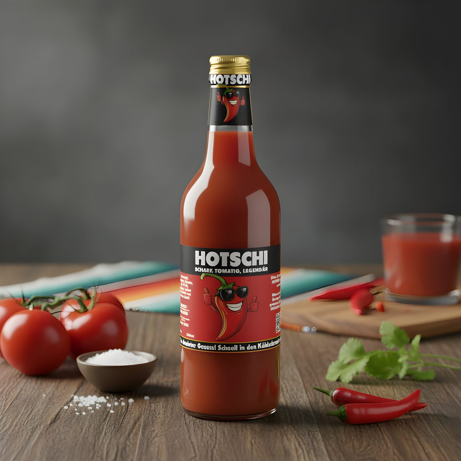 HOTSCHI Flasche im Studio mit Tomaten, Chili und Salz