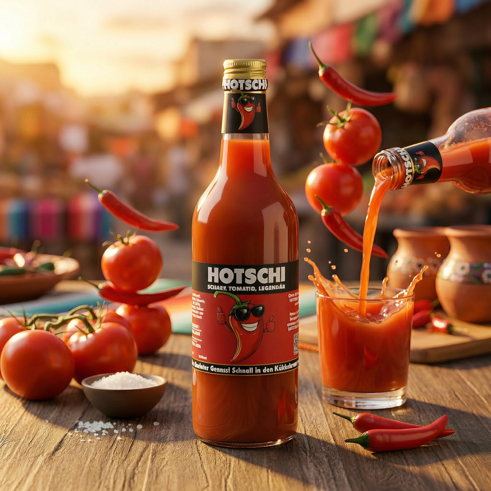 HOTSCHI Flasche auf einem mexikanischen Marktplatz, mit Tomaten, Chilis und Glas